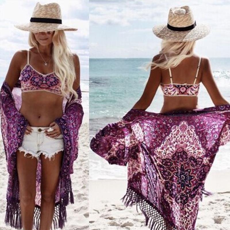 

Floral Print Beach Cover Up Women Romantic Kimono Ladies Pareo Beach Cape Purple Tassel Dress Chiffon Swimwear Beachwear