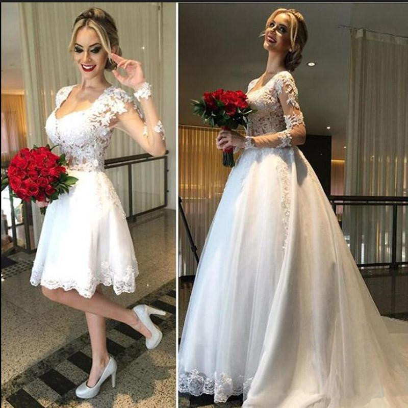 

2020 Elegant Long Sleeves Lace Ball Gown Wedding Dresses With Detachable Skirt Sweetheart Handmade African Bridal Gowns 25, White