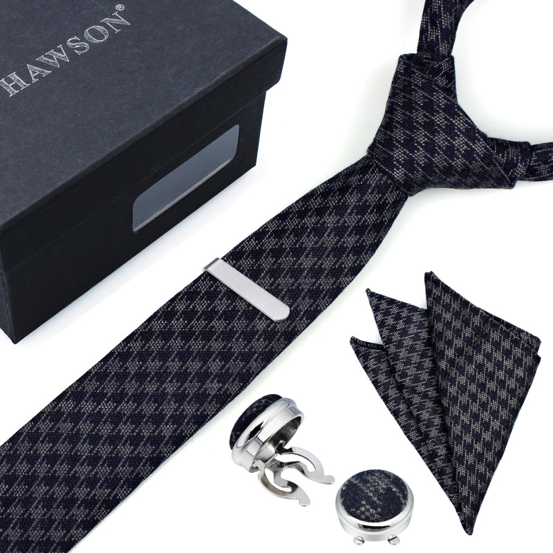 

HAWSON Men Tie Set with black and white Pocket Square Tie-Clip Button Cover Cufflinks Polyester Plaid in Gift Box