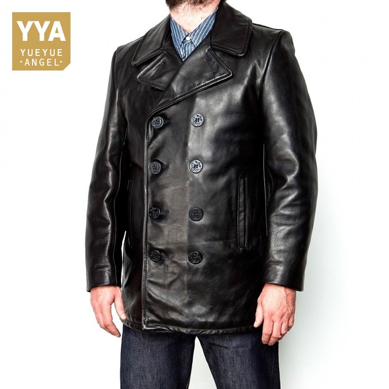 

Brand Fashion Men Cowhide Genuine Leather Long Jacket Double Breasted Winter Cotton Padded Trench Coat Business Man Slim Jackets, Black