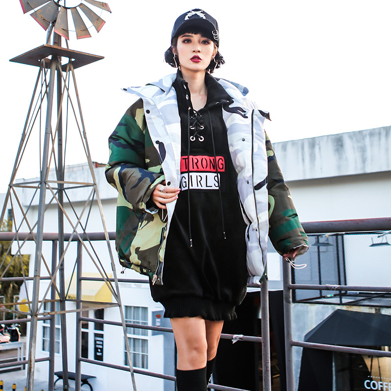 

Hood Camo Padded Parka Winter Jacket Women Reversible Coat Hooded Down Parka Camouflage Coat Female Outerwear