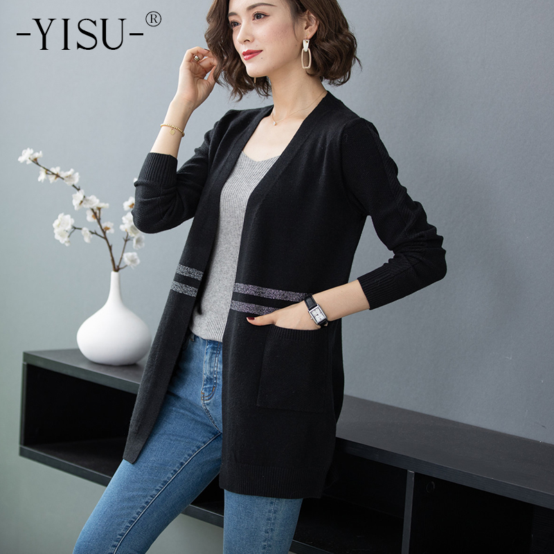 

YISU Knitted cardigan Women Long Sweater Casual Long Sleeve Knitted Open Stitch Solid 2019 Autumn Winter Cardigan Sweater, Black
