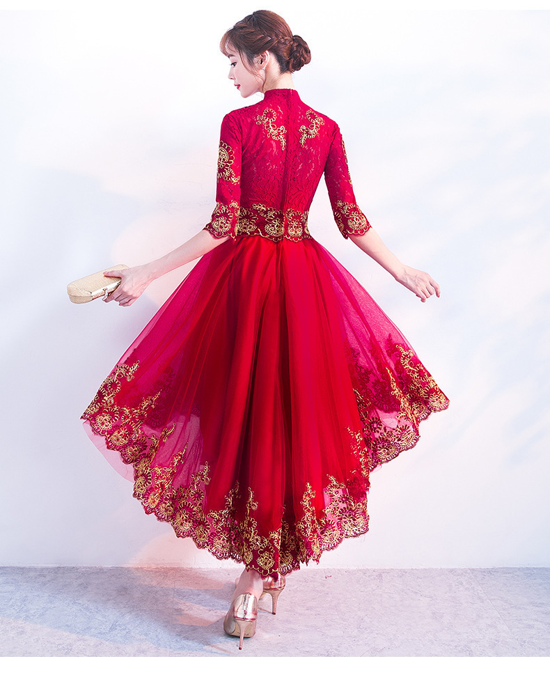 2017 chinese style red cheongsam women prom dresses sweet formal 2021 Red Cheongsam Dress Sexy Lace Wedding Qipao Women Traditional