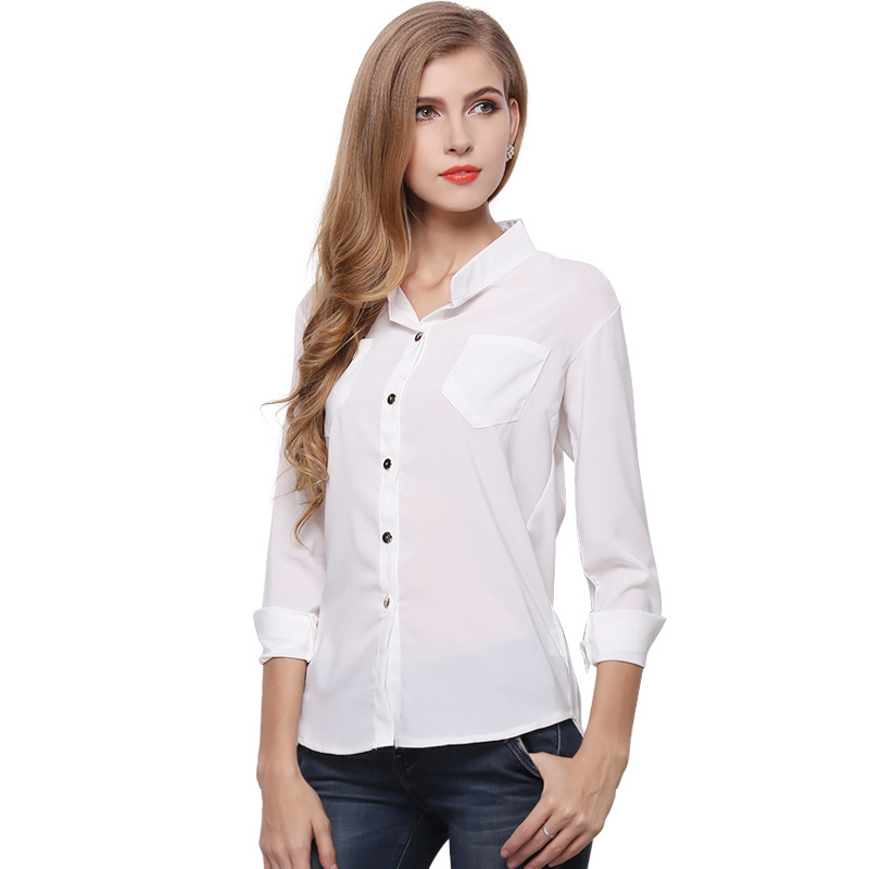 

New Arrival Women Leisure Pocket Large Size Sunscreen Chiffon Loose Stand Up Collar Long Sleeves White Pink Shirt 6Q0708