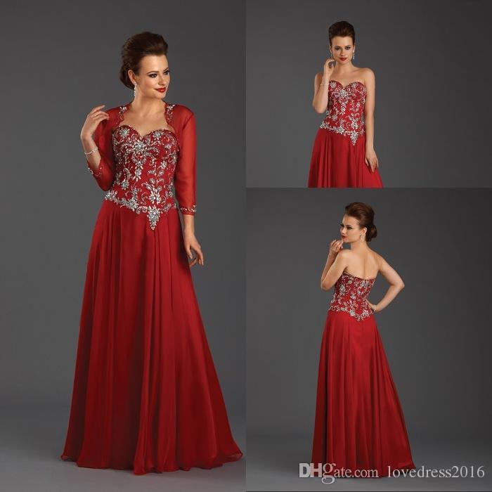 

2019 Long A Line Chiffon Mother of the Bride Dresses with Long Sleeves Jackets Beaded Sweetheart Wedding Party Gowns Red Formal Dress