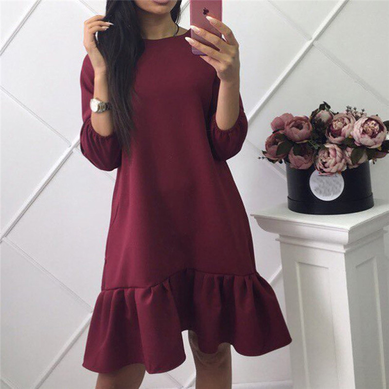 

Black Lantern Sleeve Dress Women Round Neck Long Sleeve Loose Flounce Dresses Lady Summer Beach Dress Club Dresses Femme