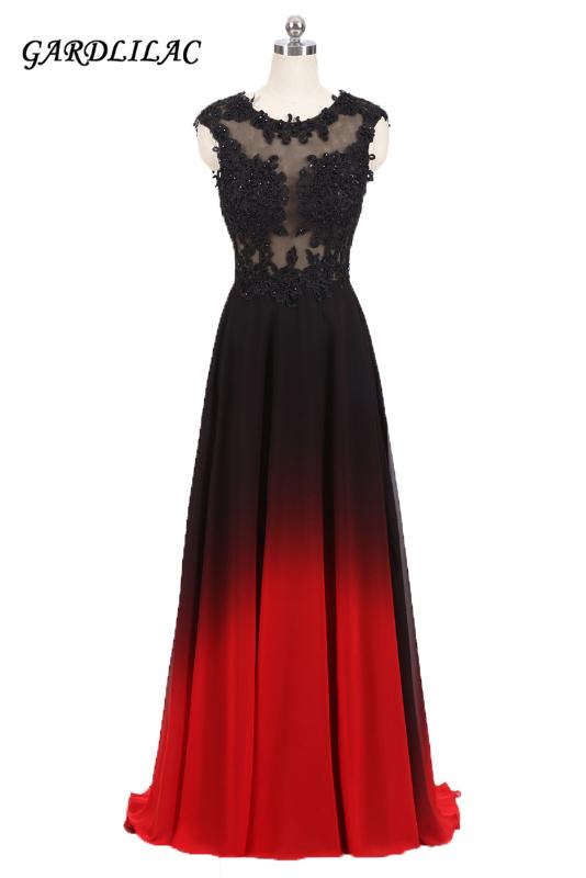 

2018New Long Evening Prom Dress O-Neck Lace Appliques Top Black&Red Gradient Chiffon Party Gowns