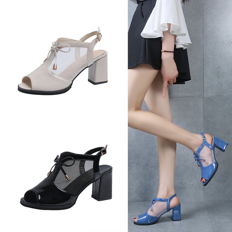 

2020 new summer bowknot mesh Korean version of comfortable wild fish mouth thick heeled single shoes women, Beige