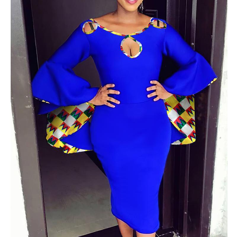 Blue Dresses Hollow Out Printed Long Sleeves Ruffle Party Bodycon Event Occasion African Women Celebrate Modest Spring Fashion