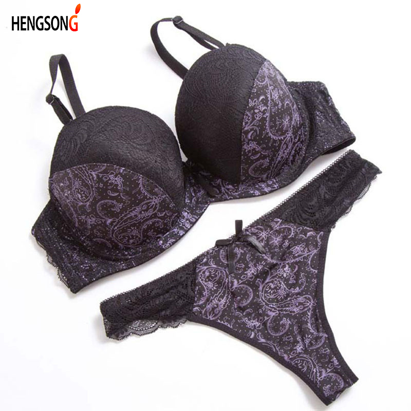 

HENGSONG Women Sexy Thong Lace Patchwork Push Up Bra Set Lingerie Women Underwear Sets Adjustable Black White Bra Brief Sets
