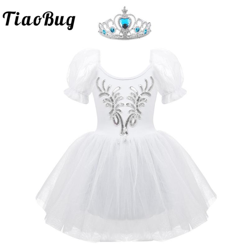 

TiaoBug Kids Short Puff Sleeves Sequins Mesh Ballet Tutu Dress with Crown Headband Set Dancewear Girls Stage Performance Costume, White