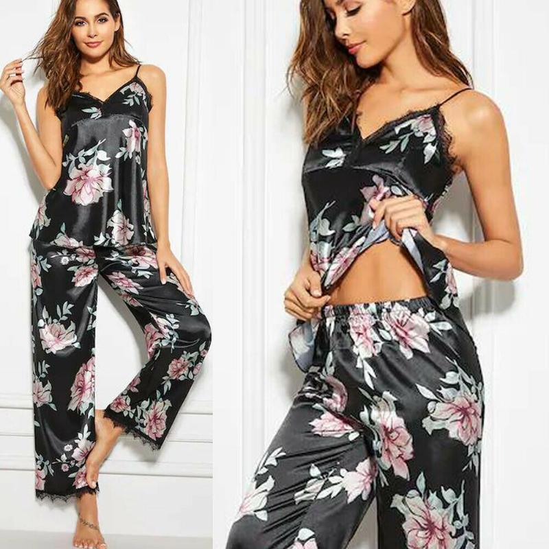 

Hirigin 2019 New Fashion Women Sleepwear Ladies Summer Sleeveless Nightwear V-Neck Lace Floral Pyjamas Sets 2pcs Outfits Clothes