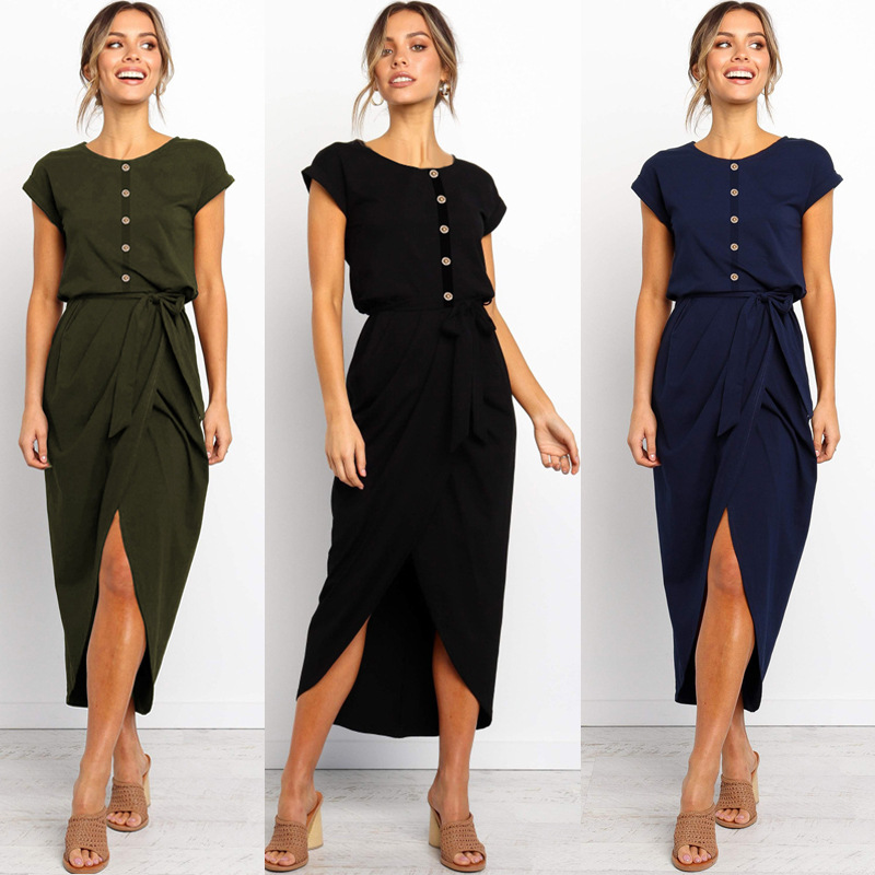 

Wholesale explosion women's summer fashion lace up button irregular dress, Black