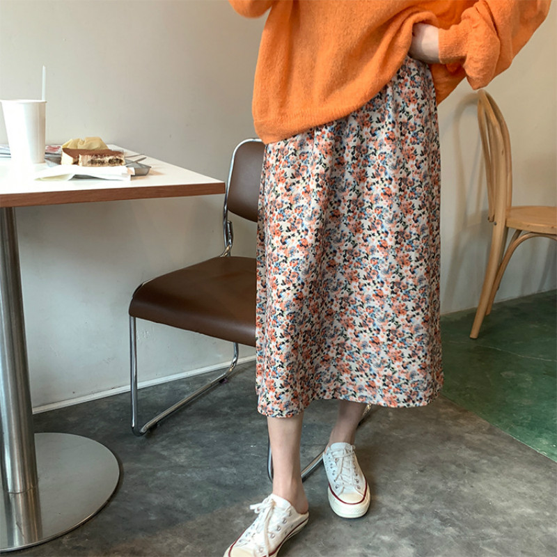 

2020 Summer Vintage Orange Floral Long Skirts Womens Fashion Maxi Chiffon Skirt High Waist for Ladies Women Clothes Korean Style