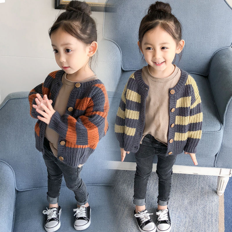 

Baby Girls knit cardigan 0-7 years old kids sweater Single-breasted horizontal striped cardigan spring and autumn baby boy, Green