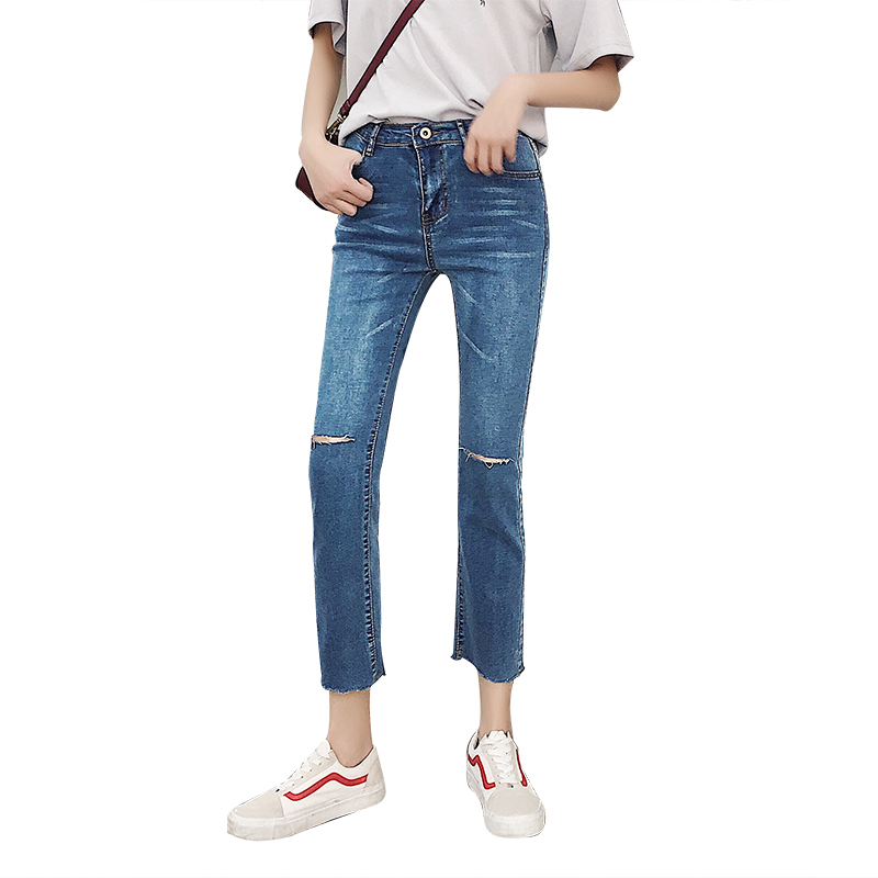 

Autumn Winter Women Jeans Pants Korean Stretch High Waist Hole Wide Leg jeans Denim Women Vintage Slim Ripped Straight, Blue