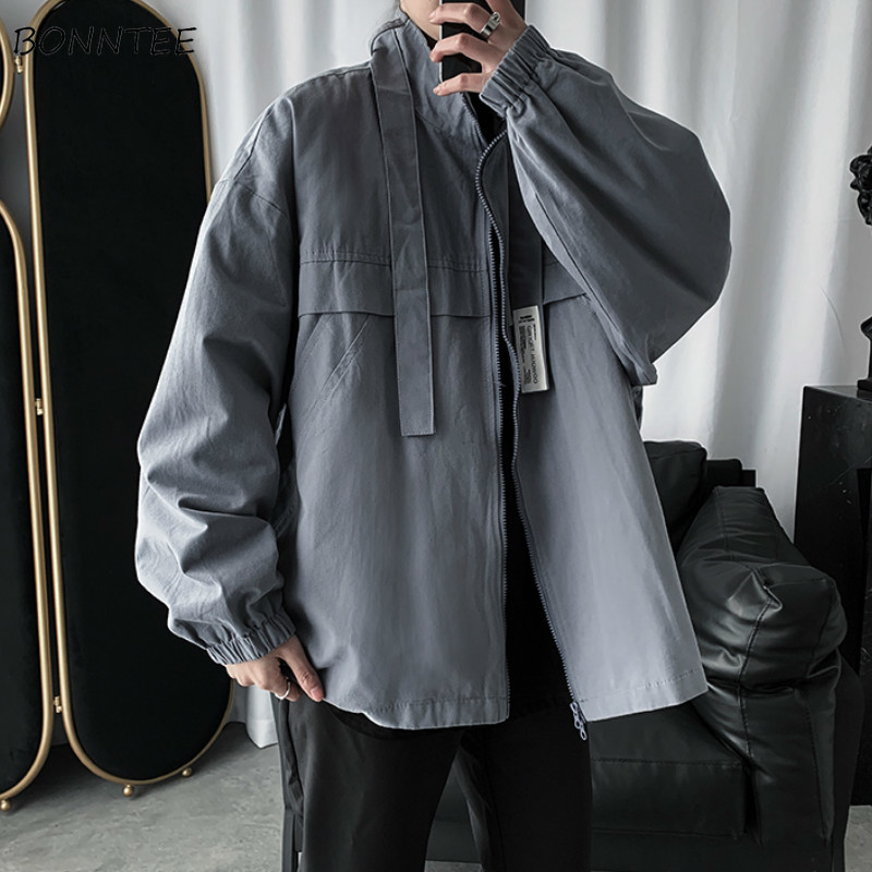 

Windbreak Jackets Men Spring New Solid Simple Oversized Loose Long Sleeved Korean Harajuku Zip Up Outwear Mens Bomber Tops Chic, Black