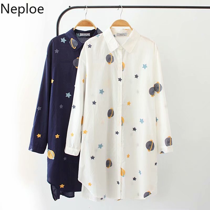 

Neploe 2020 Spring Korean Causal Plus Size Blouse Cartoon Planet Embroidery Shirt Women Long Sleeve Medium-long Blusas 58490, White