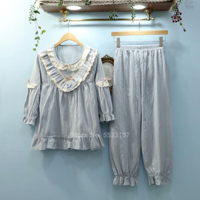 

Women Cute Lolita Costume Pajamas Set Cotton Jacquard Full Sleeve Vintage Lace Renaissance Princess Sleepwear Female Loungewear