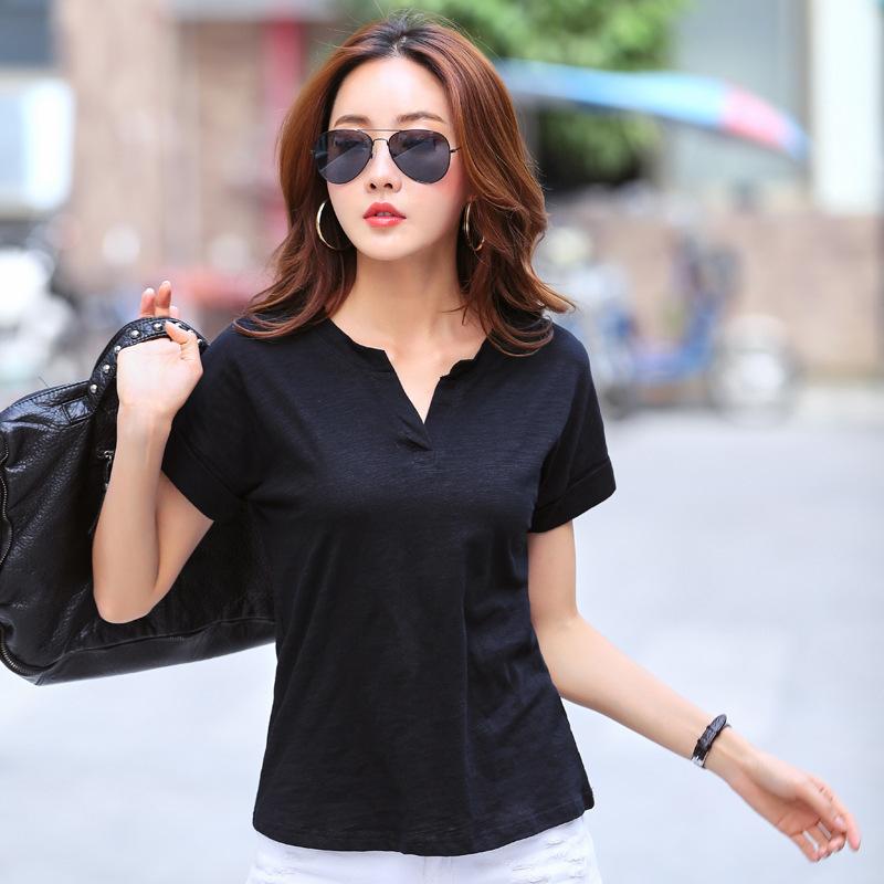 

Hot Sale T Shirt Women 2020 Summer Unique Bamboo Fiber Short Sleeve T-shirt Female Tshirt Solid V-Neck Tops Tee Shirt Femme, White
