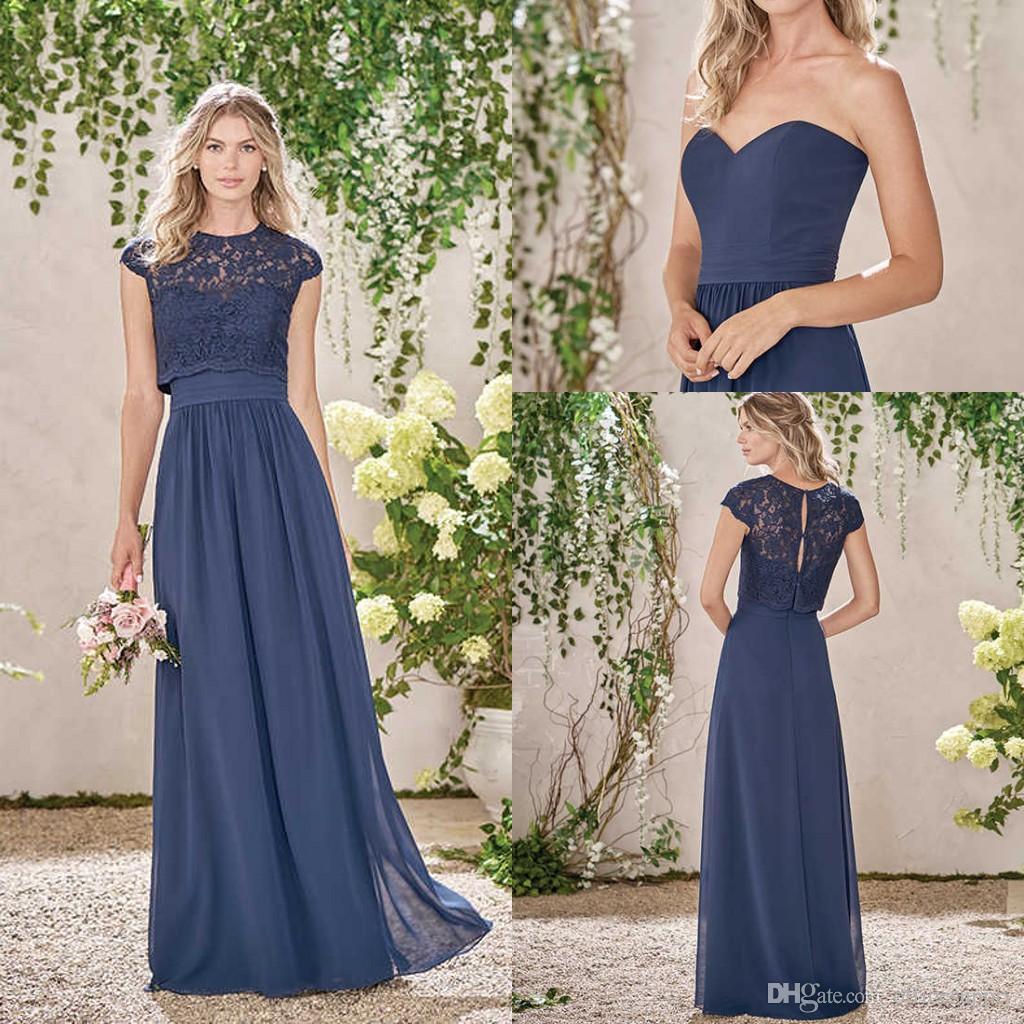 

Navy Blue Long Country Style Bridesmaid Dresses with Lace Jacket Cap Sleeves Crew Neck Floor Length Maid of the Honor Dresses