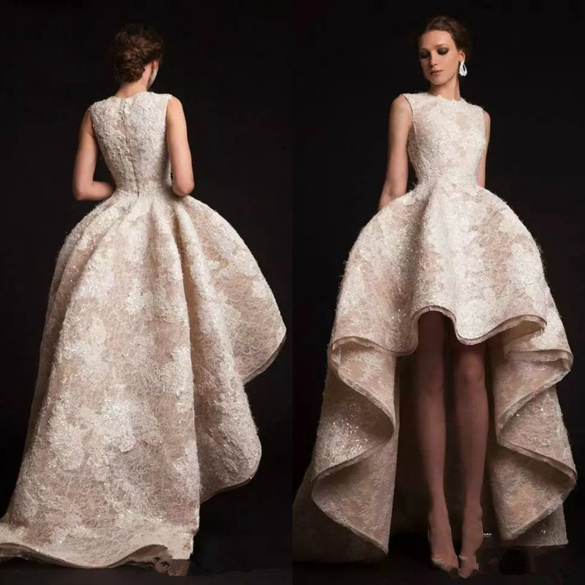 

Krikor Jabotian 2019 Evening Gowns Hi Low Ruffles Prom Dresses Crew Neckline Organza Flower Appliques Beading Sequins Formal Dress, Gold