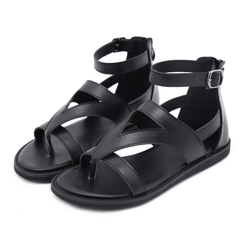 

YMECHIC Women Sandals Black Cutout Summer Flip Flop Sandals Flat Heel Rome Women Handmade Gladiator Shoes Buckle Cross-tied New