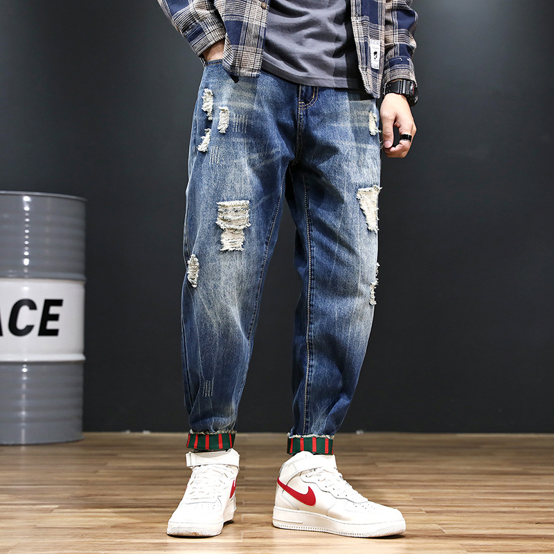 

2020 Summer New Mens Jeans Casual Men Harem Pants Men Europe and America Loose Capris Fashion Holes Washed Jeans 2 Colors, Black
