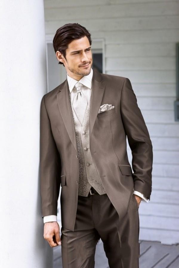 Nouveau Style Marron Groom Tuxedos Notch Lapel Groomsmen Hommes Robe De Mariée Excellent Homme Veste Blazer 3 Pièce Costume (Veste + Pantalon + G