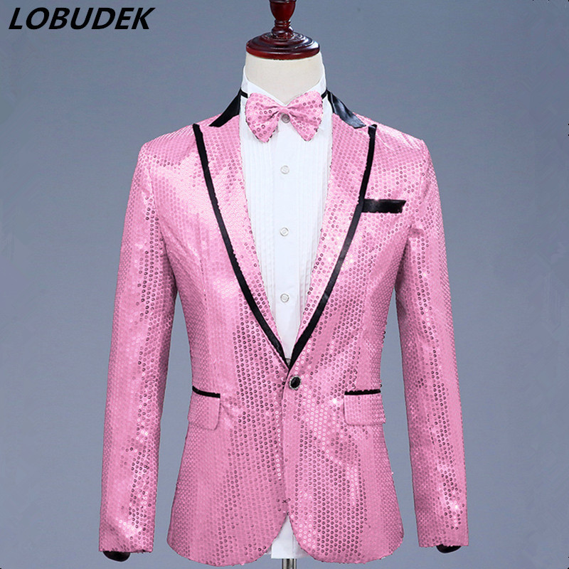

Seven Colors Pink Sequins Blazers Slim Coat Nightclub Male Singer Chorus Host Stage Costume Choral Dress Studio Show Outerwear, Black