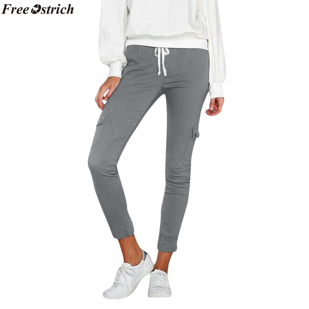 

FREE OSTRICH New Women Casual Harajuku Spring Autumn Long Trousers Solid Elastic Waist Cotton Linen Pants Length Haren Pants, Black