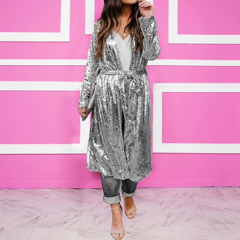

Ladies Fashion Casual Silver Sequined Long Belt Button Jacket Cardigan Sequin Jacket Women Long Sleeve With Belt G3