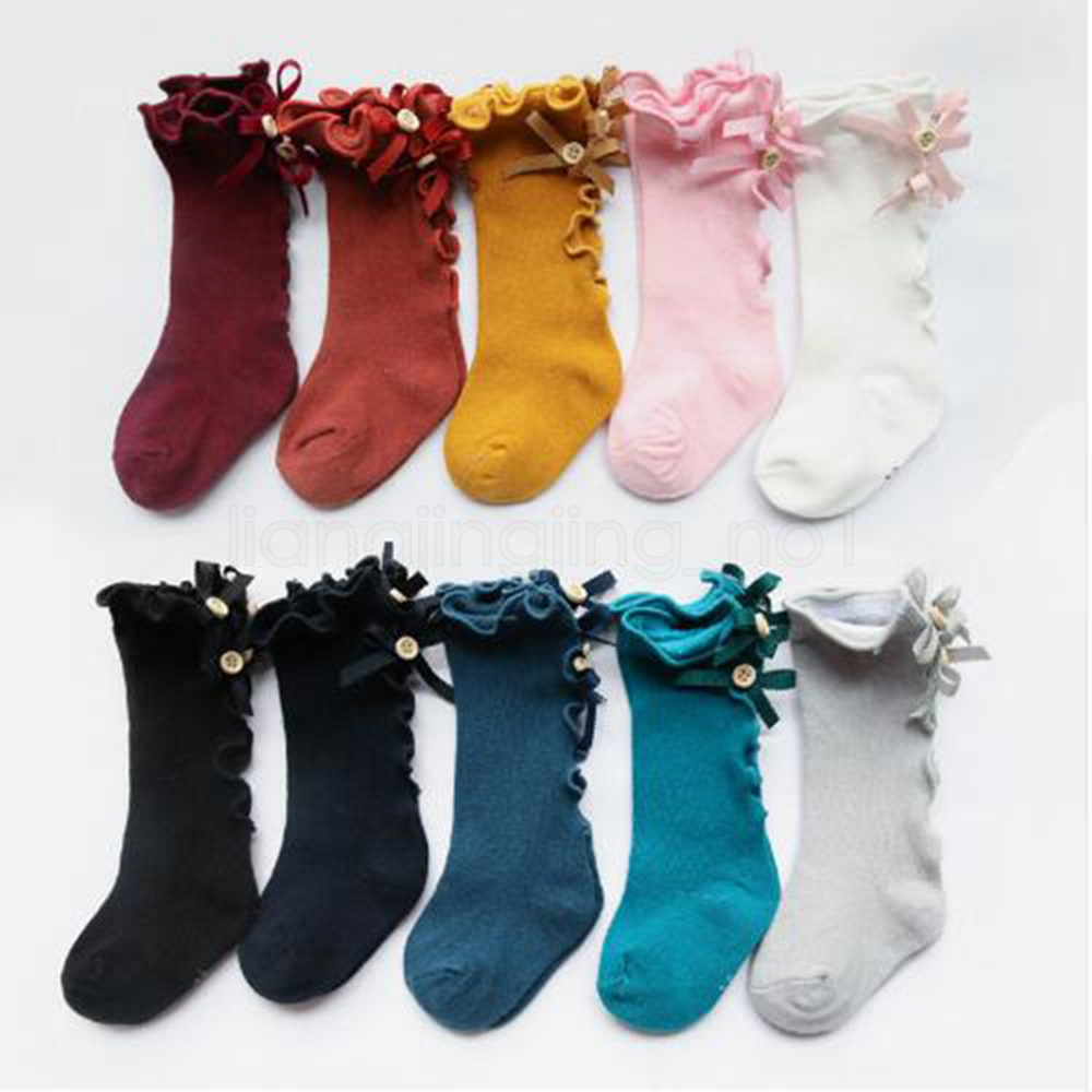 

10style Kids Socks Toddlers Girls Big Bow Knitted Knee High Long Soft Cotton Lace socks baby ruffle Socks Baby Foot Warmer FFA2934-1, As pic;1lot=1pair=2pcs