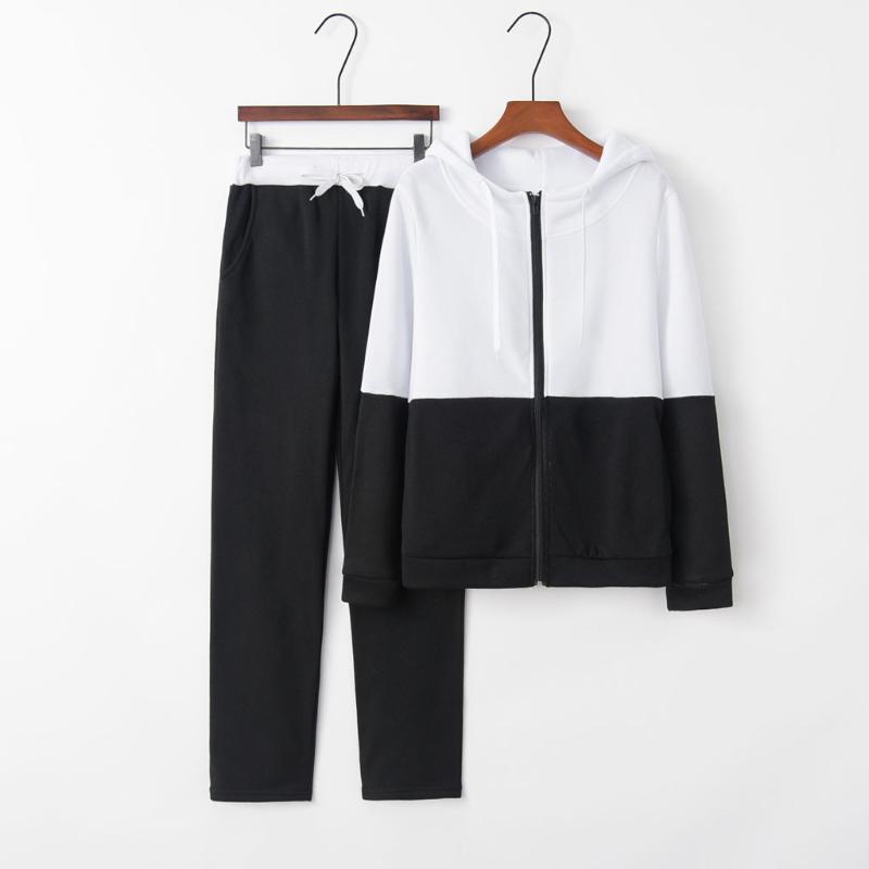 

two piece set women' tracksuits autumn Women Solid Color Hooded Sweatshirt and pant Tracksuit Sport Suit conjunto femenino*3, Black