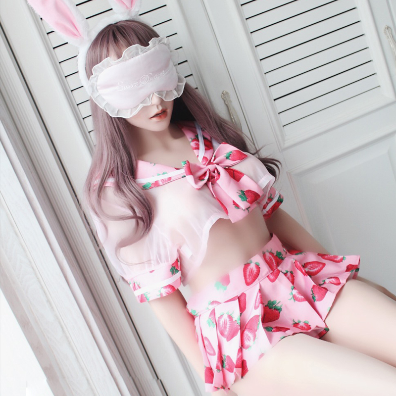 

Cute Lolita Strawberry Printed Sailor Student Uniform School Sexy Lingerie Butterfly Knot Tops and Skirt Panties Set LY191222, Blue