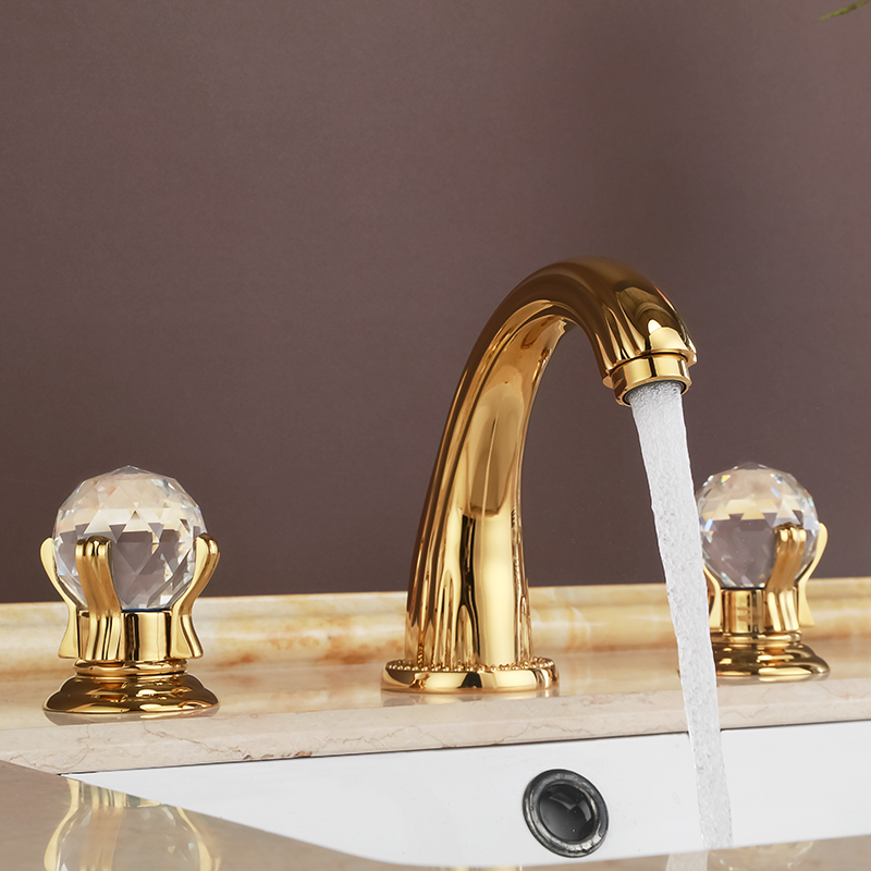 Gold crystal and Solid brass 3 Holes Widespread Bathroom Sink Faucet New Hot and cold water Vanity Basin Mixer Tap-image-524860293