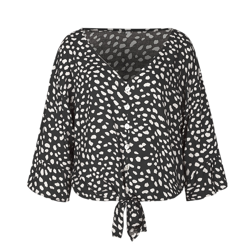 

Women Blouse Shirts V Neck Butterfly Sleeve Summer Dot Printed Spring Boho Tops, Black
