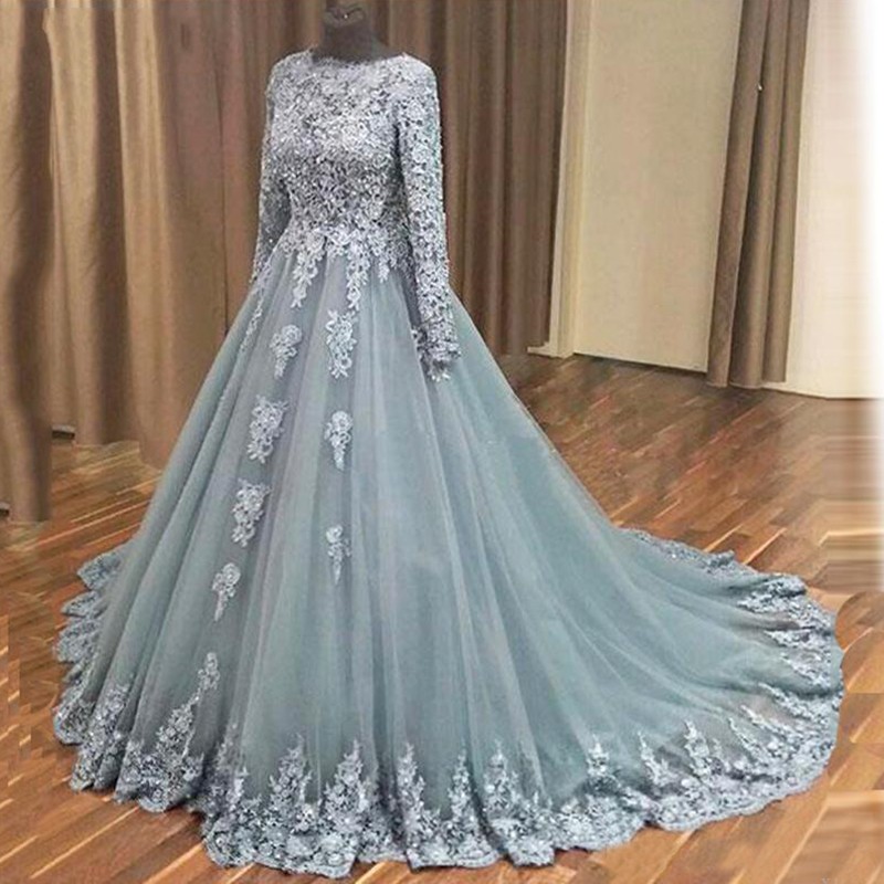 

2020 Grey High Jewel Long Formal Dresses With Lace Sleeves Applique Princess A-line Prom Evening Gowns Quinceanera Sweet 16 Girls, Nude