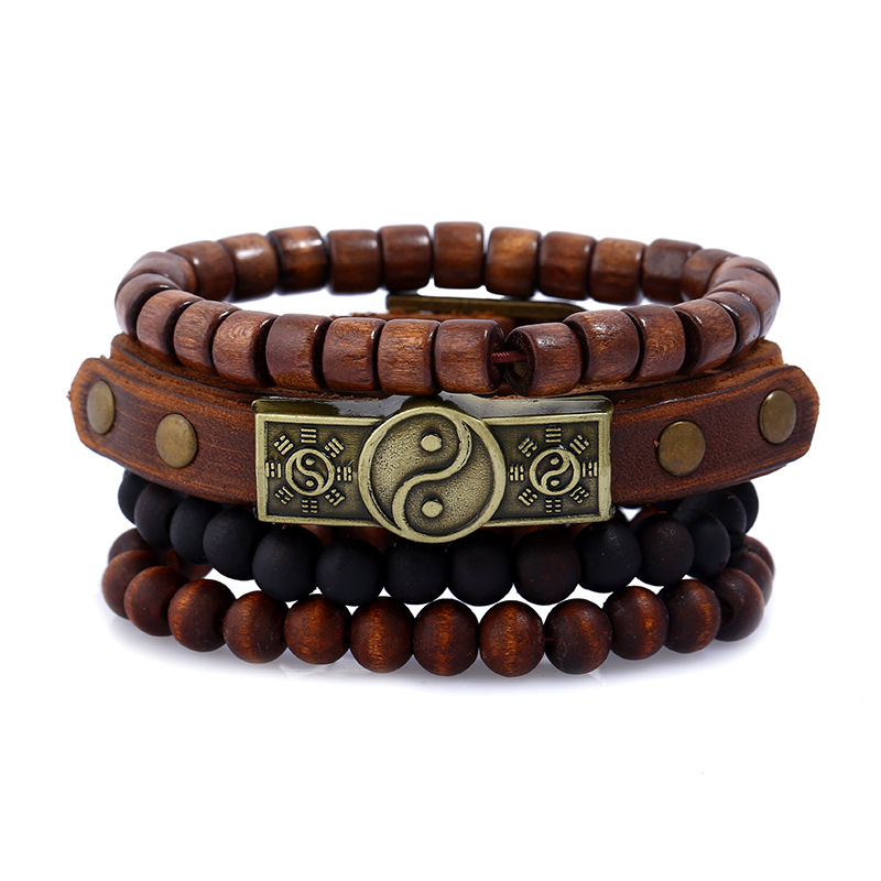 

2019 New Personality 4 Pcs Handmade Beads Engrave Tai Chi Gossip Brown Leather Bracelet for Men Cowhide Vintage Male Couple Accessories B122, Black
