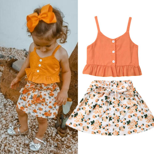 Kids Girls Princess Clothes Set Sweet Baby Girl Summer Clothes Outfits Sleeveless Suspenders T-shirt Crop Tops+Floral Skirt 1-6Y-image-471075299