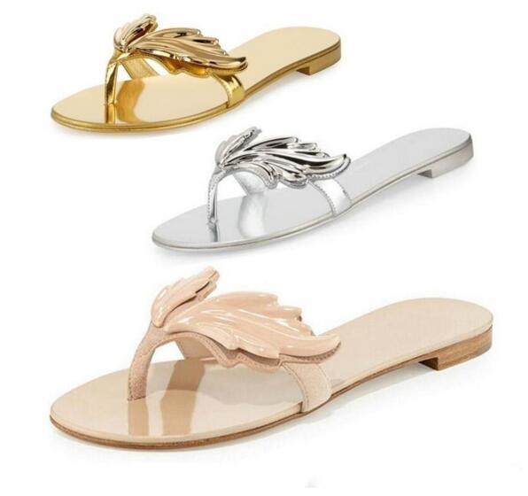 

Hot Sale-Gold Silver Leaf Win Ladies Sandals with box Genuine leather, Black