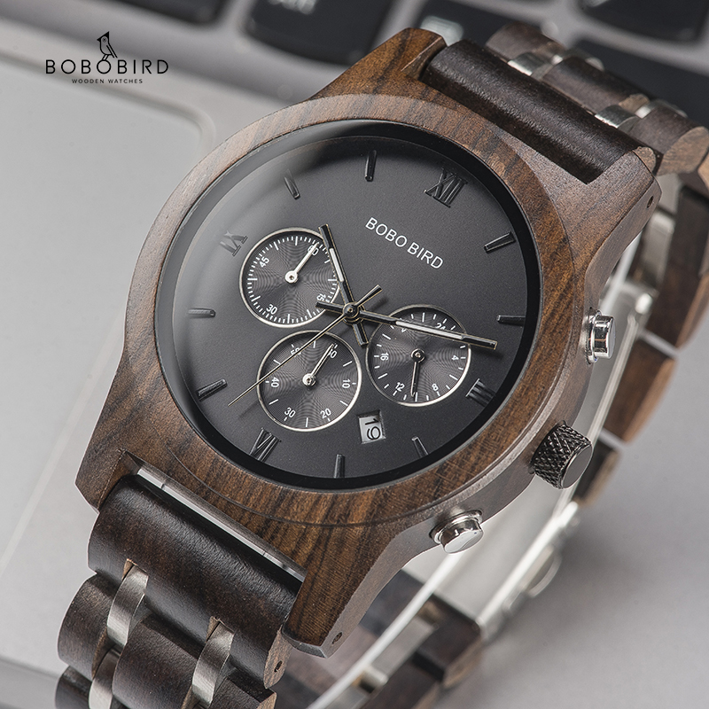 

BOBO BIRD Wood Watches Men Business Luxury Stop Watch Color Optional with Wood Stainless Steel Band V-P19 LY191226, V-p19-1woodbox