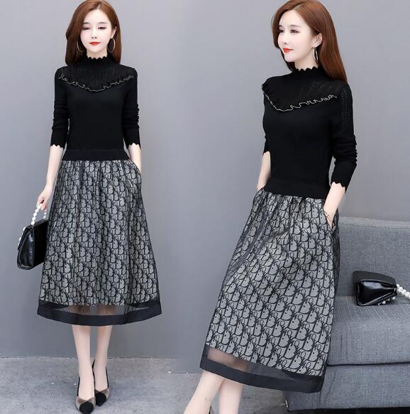 

Autumn and winter long sleeve sweater shows thin and fake two pieces of stitched knitting bottoming skirt, Gray