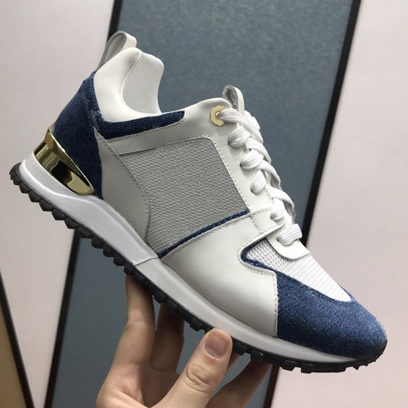

Luxury Designer Shoes Mens Women Run Away sneaker calf leather Casual Shoes Fashion trainers flashy color with box US4-11, White / cowboy
