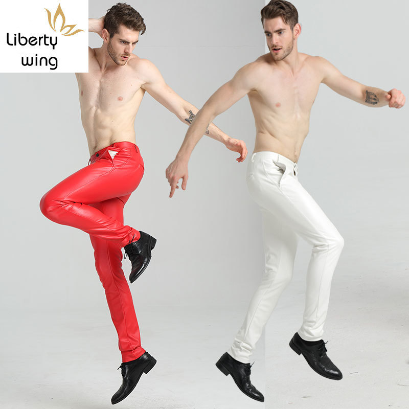 

New Arrival Casual Menswear Fashion Solid PU Leather Man Motorcycle Trousers Korean Slim Fit Skinny Pants Plus Size, Black