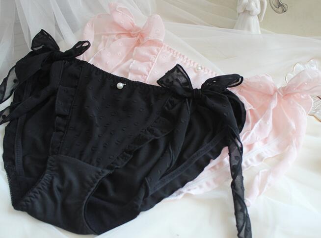 

100% Real Photos Lovely Cute Lolita Kawaii Princess Dots Printing Side Tie Chiffon Lace Panties Calcinha Underwear Brief T200110, Pink