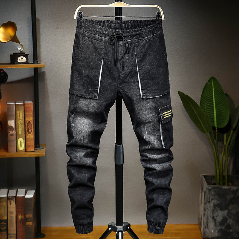 

Cowboy Bib Overall Men Popular Brand Loose Casual Large Size Skinny Trousers Teenager Beam Leg Harem Jeans, Blue