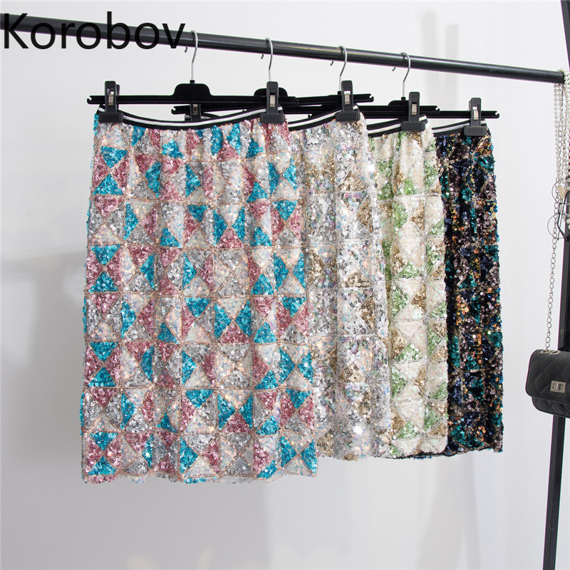

Korobov Korean High Waist Hip Straight Skirt Women Sexy Sequined Patchwork Party Jupe Femme Retro Temperament Faldas, Pink