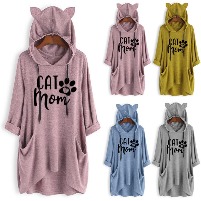 

Fashion Trend Plus Size Blouse Women Casual Letter Cat Mom Print Blouse Cat Ear Hooded 3/4 Sleeves Pocket Shirt Irregular Top@45, Blue