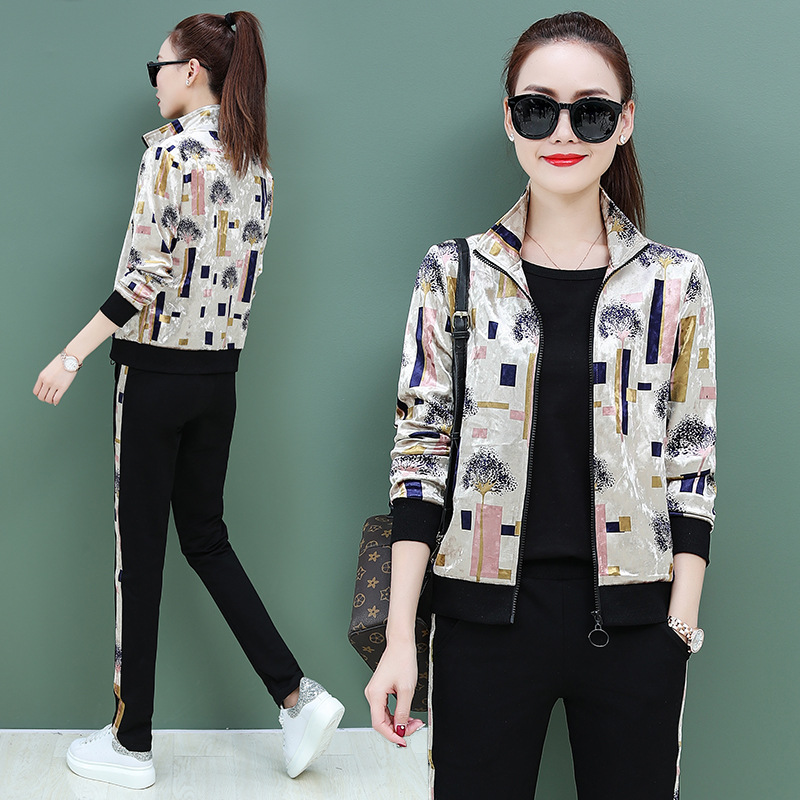 

3PCS Spring Women Sportswear Tracksuit Loose Velvet Jacket+sweatshirt+pant Running Jogger Fitness Workout Casual Set Sport Suit, Purple